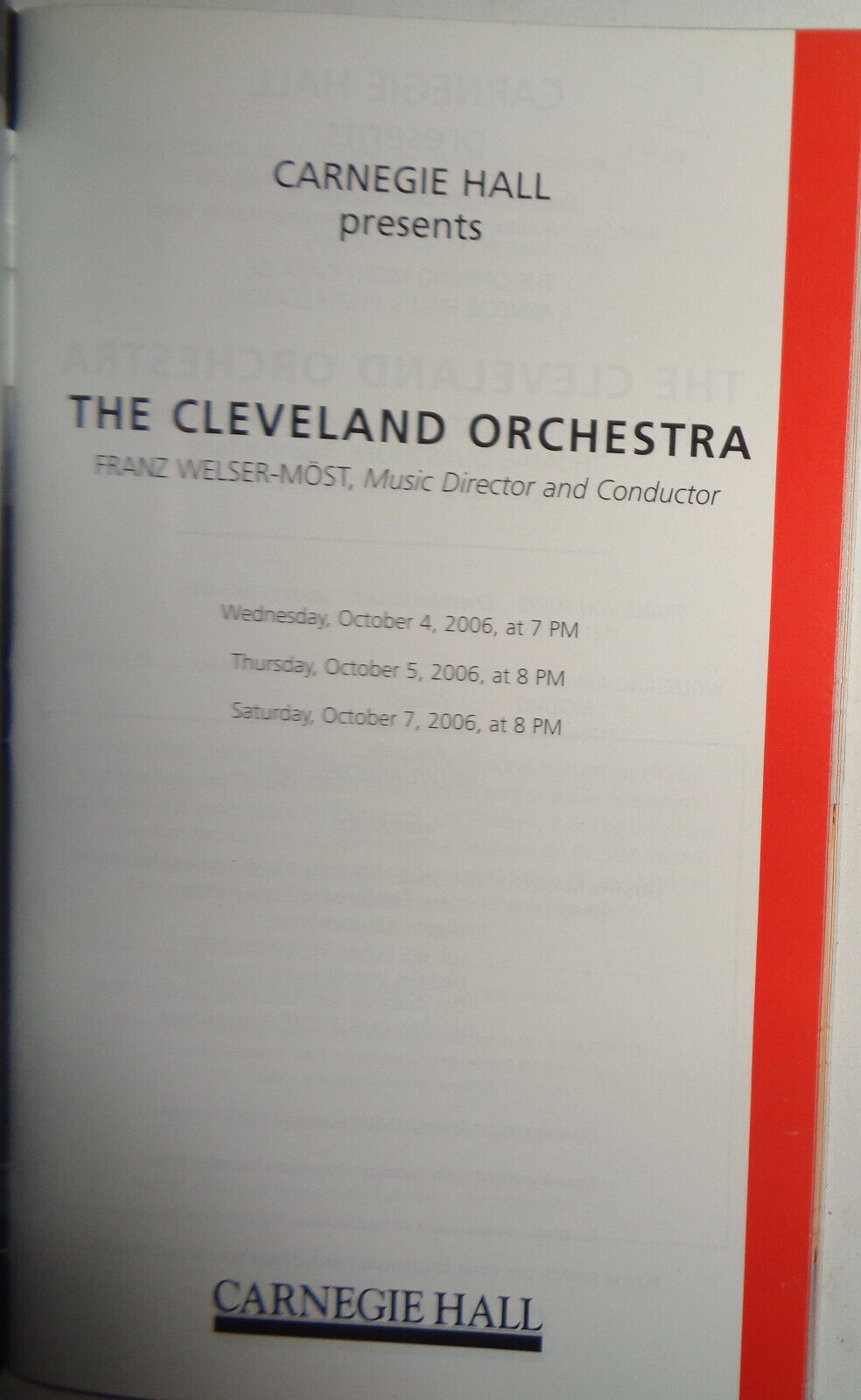 THE CLEVELAND ORCHESTRA - CARNEGIE HALL PLAYBILL - OCT 4, 2006 THOMAS QUASTOFF