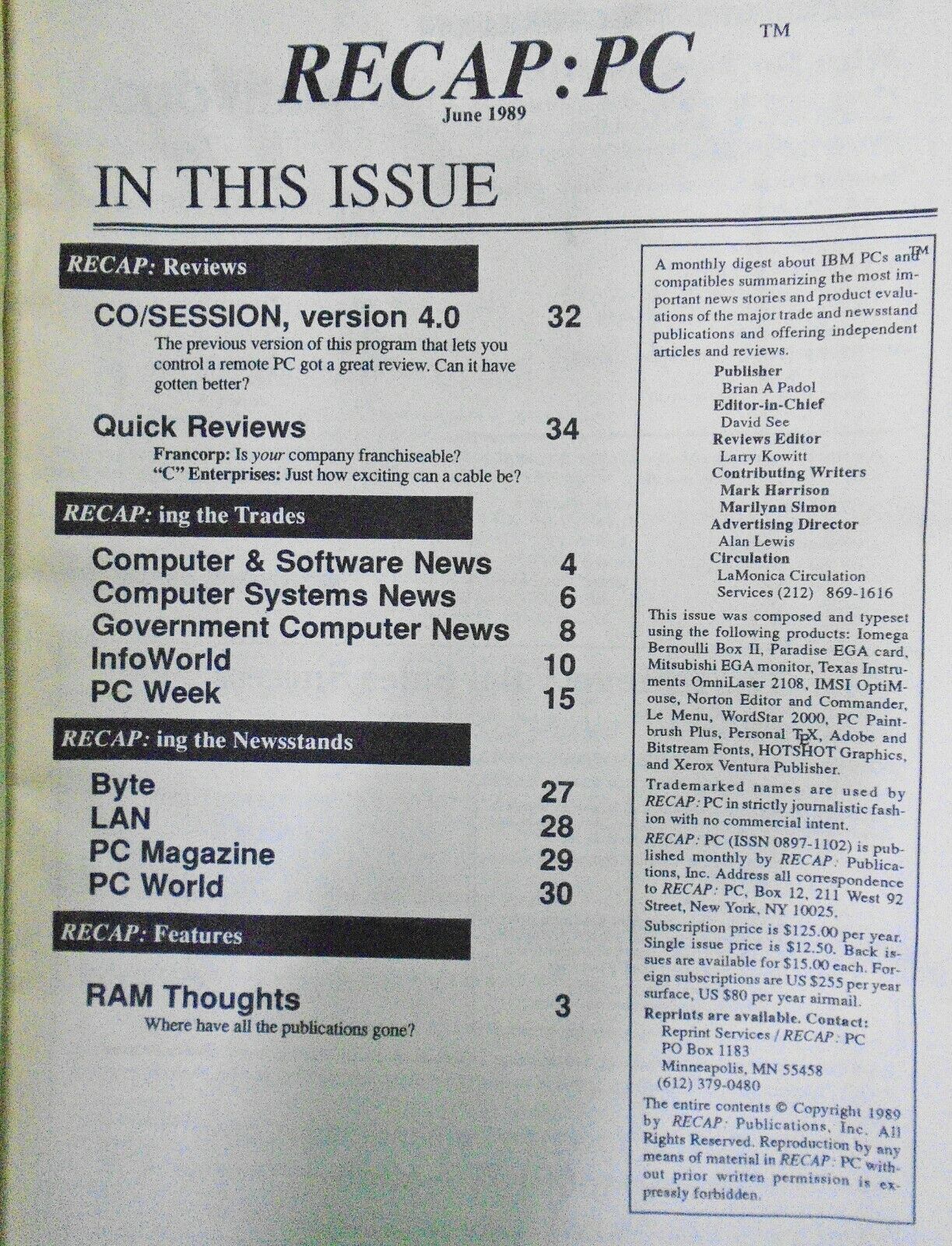 Recap : PC, June 1989. Monthly digest about IBM PCs and compatibles.