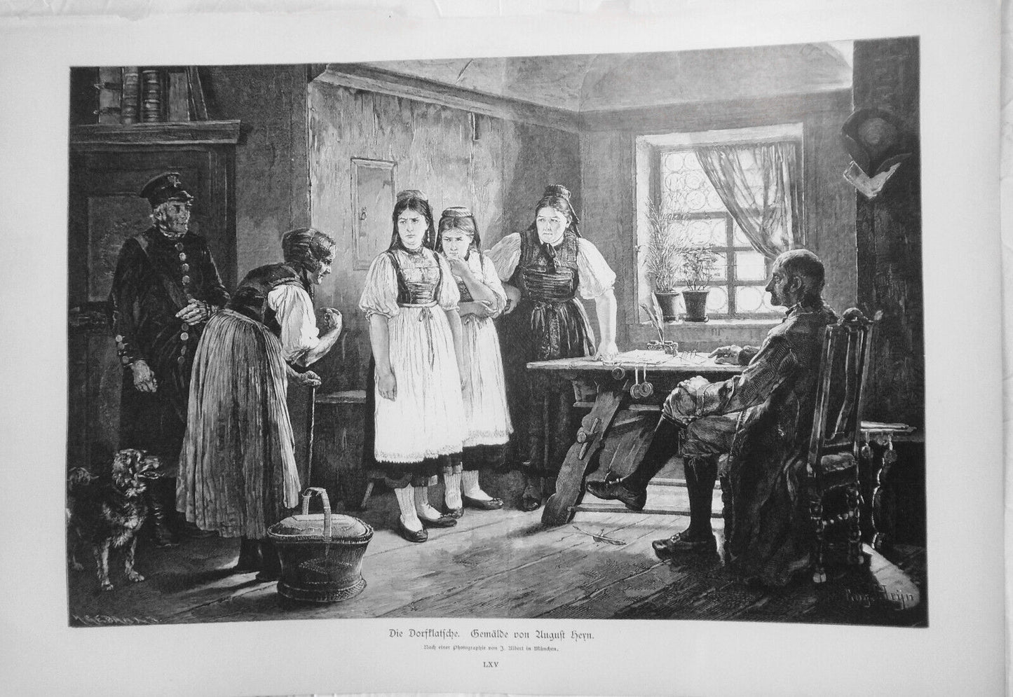 Die Dorfklatsche, by August Heyn  --  1886 -- Original antique print. 16x11 inch