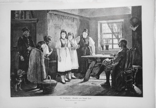 Die Dorfklatsche, by August Heyn  --  1886 -- Original antique print. 16x11 inch