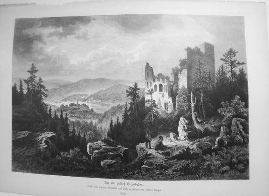 Das alte Schloß Hohenbaden, by Albert Rieger  --  1884 - Original antique print