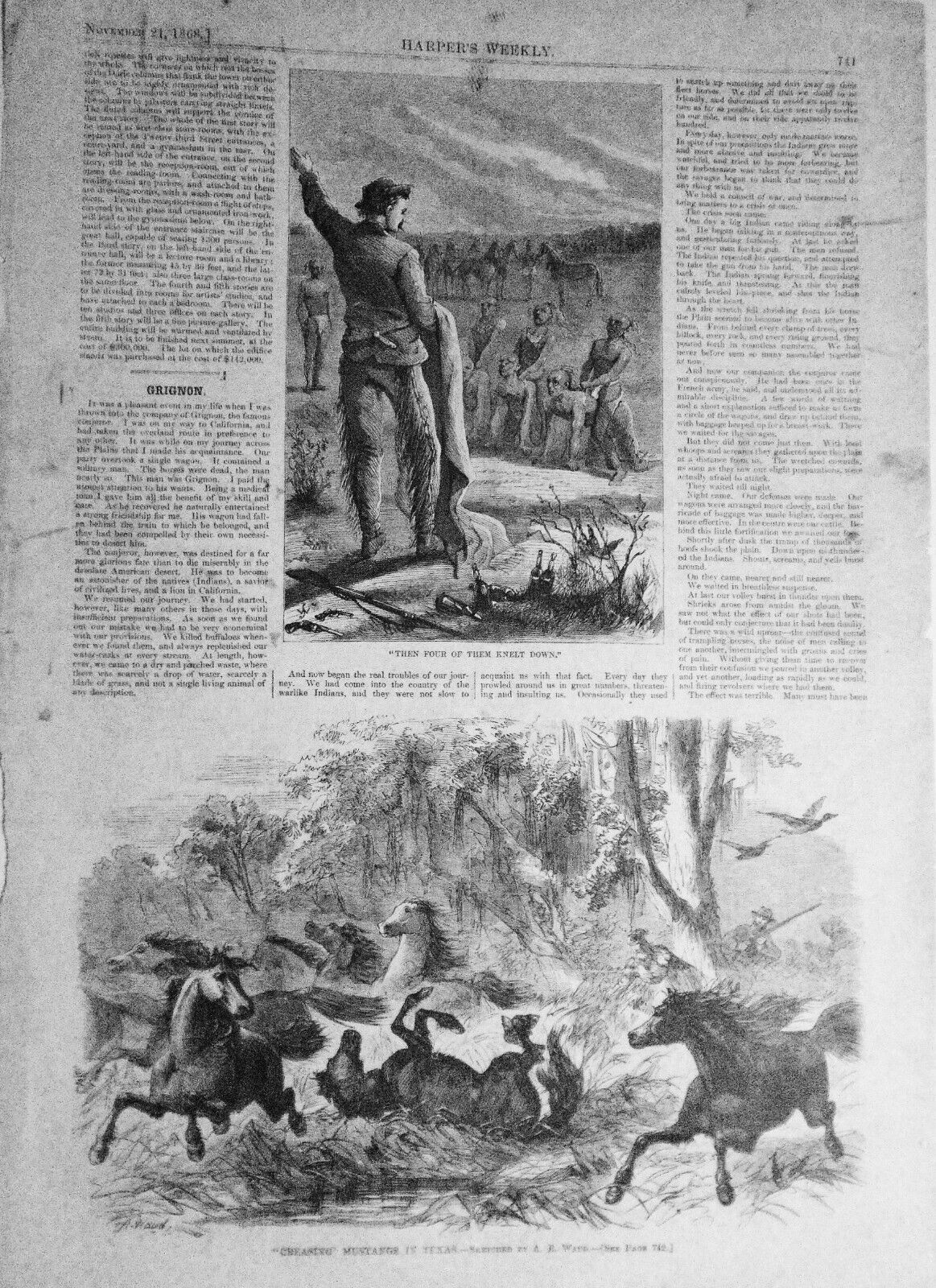 "Creasing" Mustangs In Texas / Grignon -- Harper's Weekly, November 21, 1868