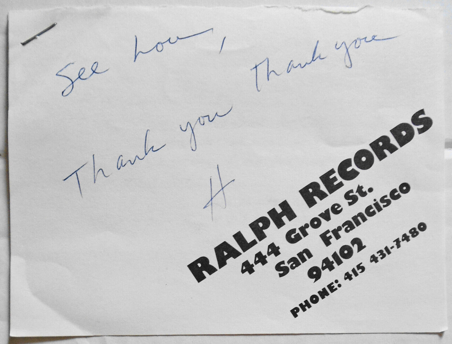 Hardy Fox SIGNED note, 1980s - Residents band co-founder. "The Godfather Of Odd"