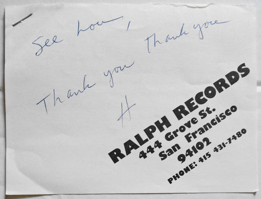 Hardy Fox SIGNED note, 1980s - Residents band co-founder. "The Godfather Of Odd"