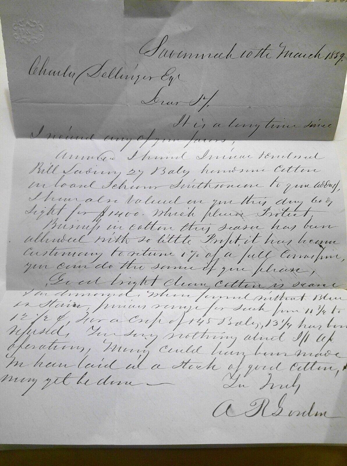 1859 Savannah Georgia letter on cotton trade - A. R. Gordon to Charles Sellinger