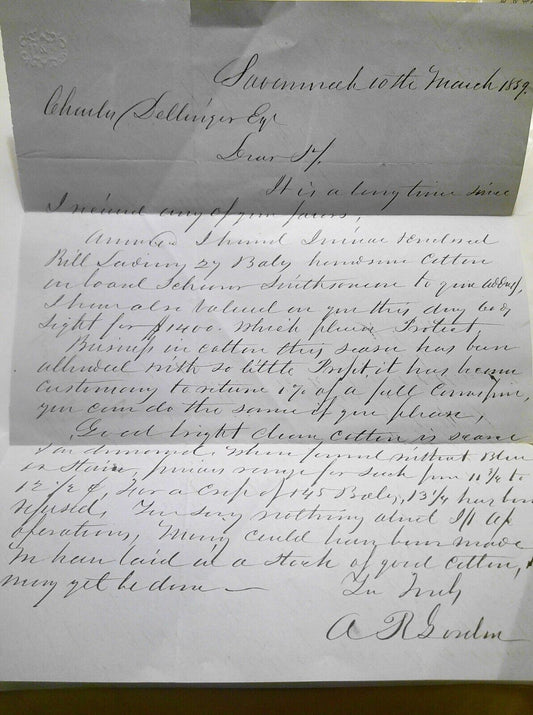 1859 Savannah Georgia letter on cotton trade - A. R. Gordon to Charles Sellinger