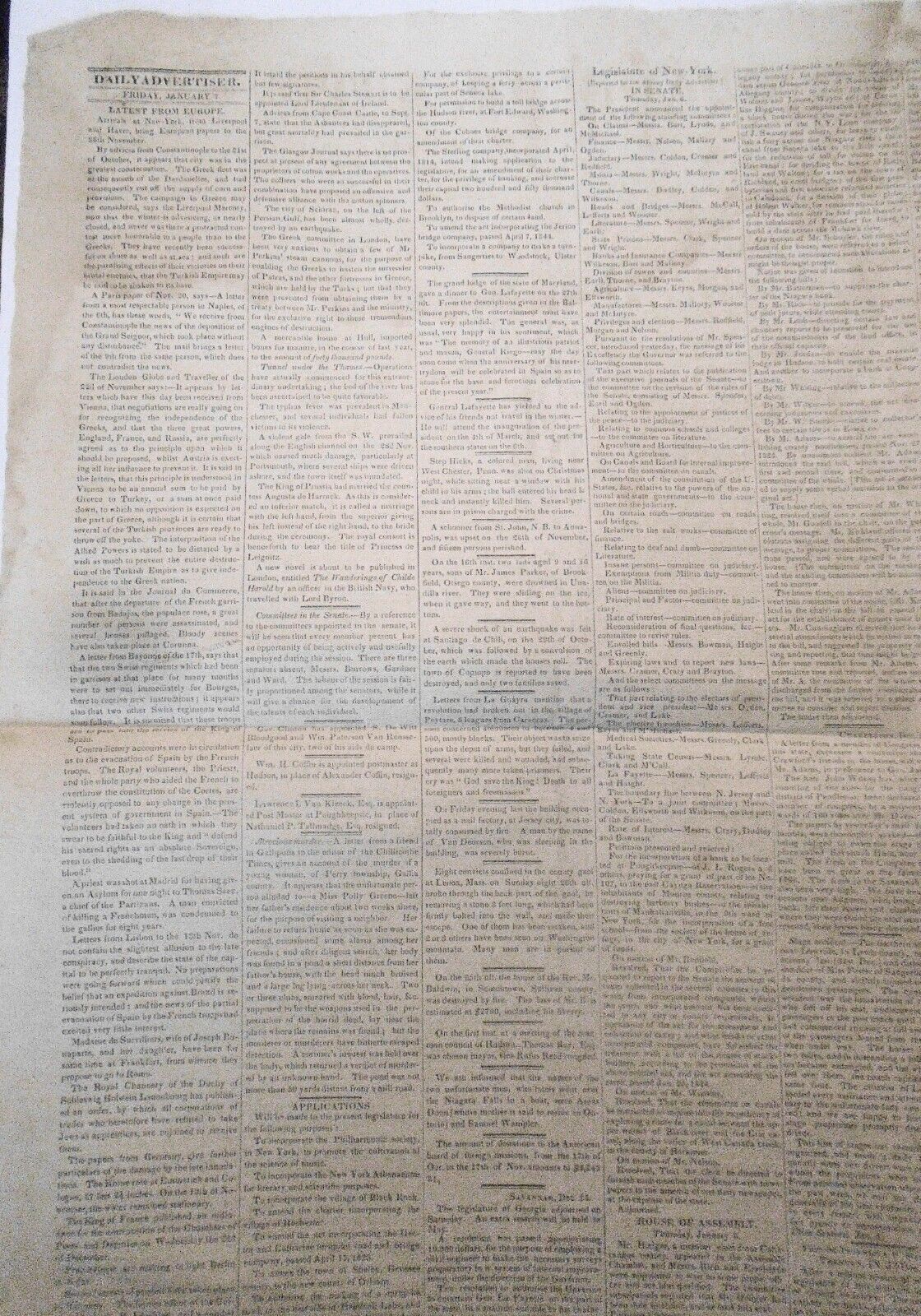 Albany Daily Advertiser January 7, 1825. New York Governor DeWitt Clinton's copy