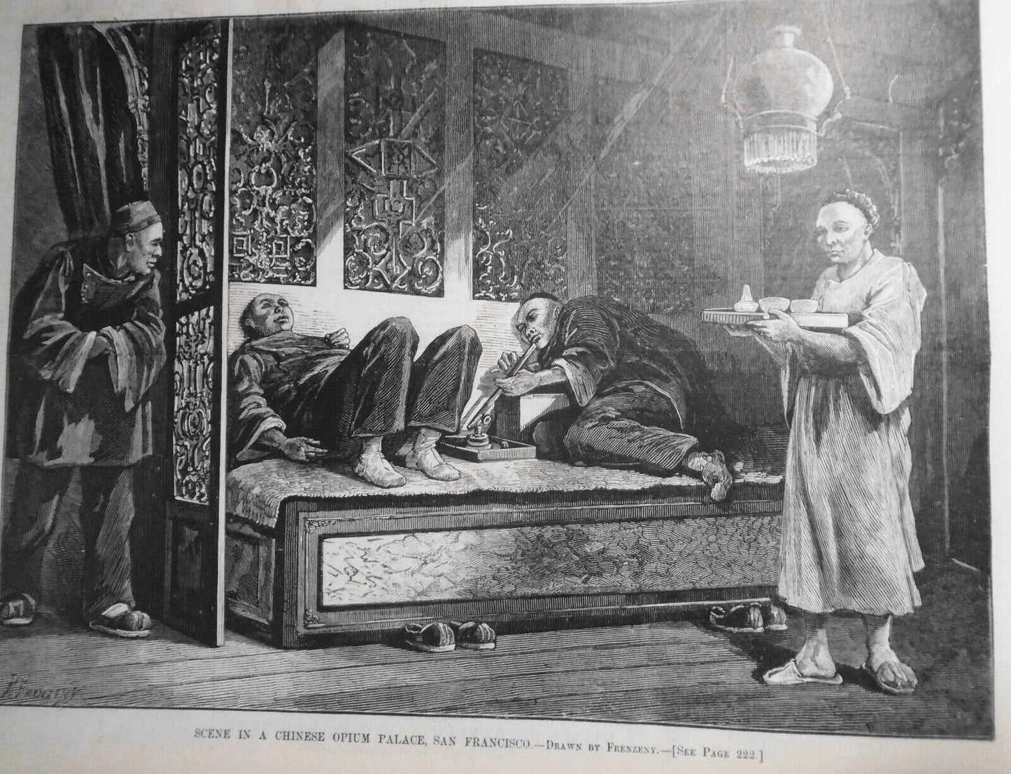 Scene in Chinese Opium Palace, San Francisco + 1st elephant born captive, 1874