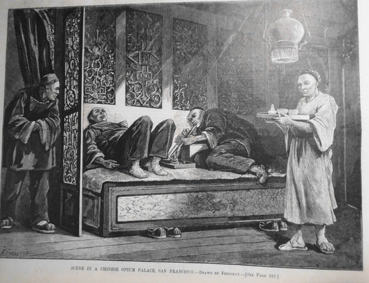 Scene in Chinese Opium Palace, San Francisco + 1st elephant born captive, 1874