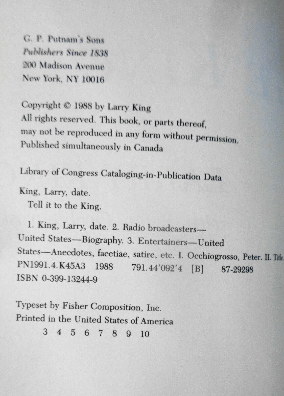 Tell It To The King - [SIGNED] - by Larry King, Peter Occhiogrosso HC/DJ 1988.