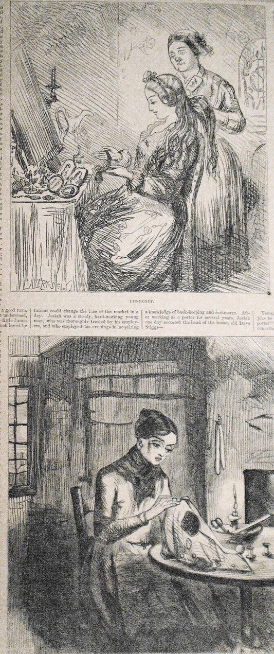 Pin Money & Needle Money -- Harper's Weekly, 1858 - Story & 2 Prints; Original