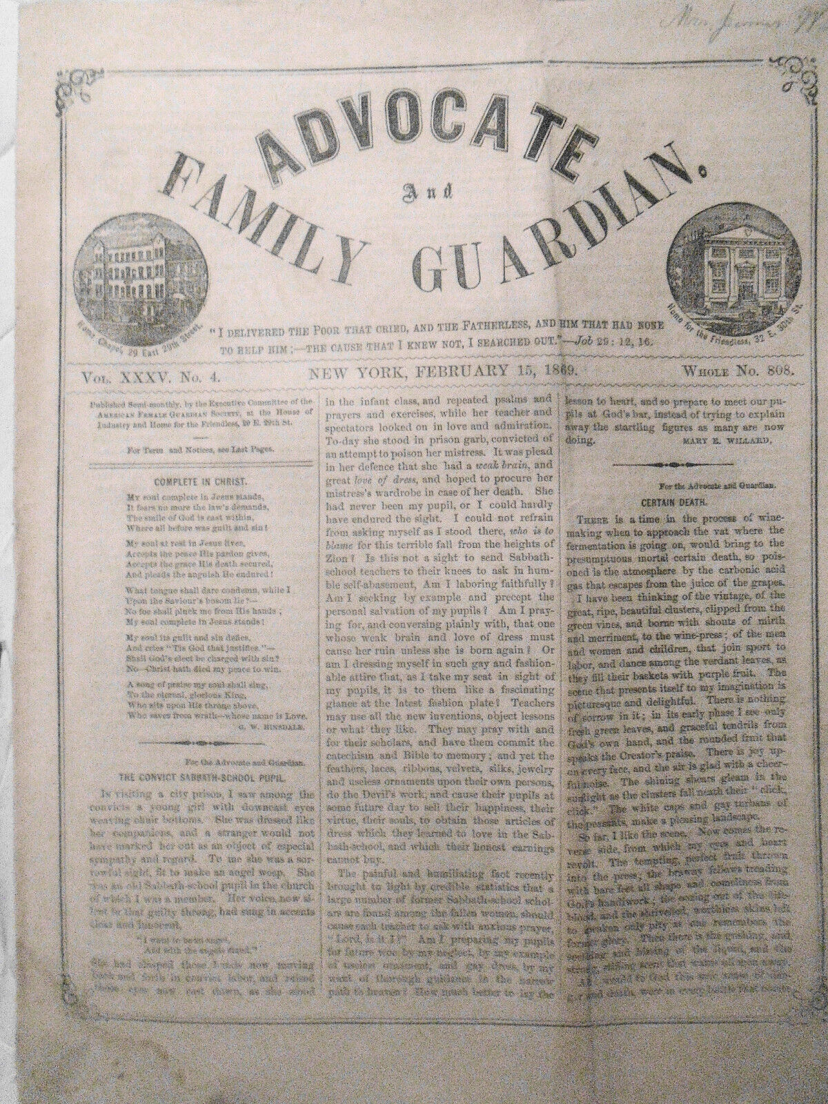 1869 Lot of 3 issues of  Advocate and Family Guardian