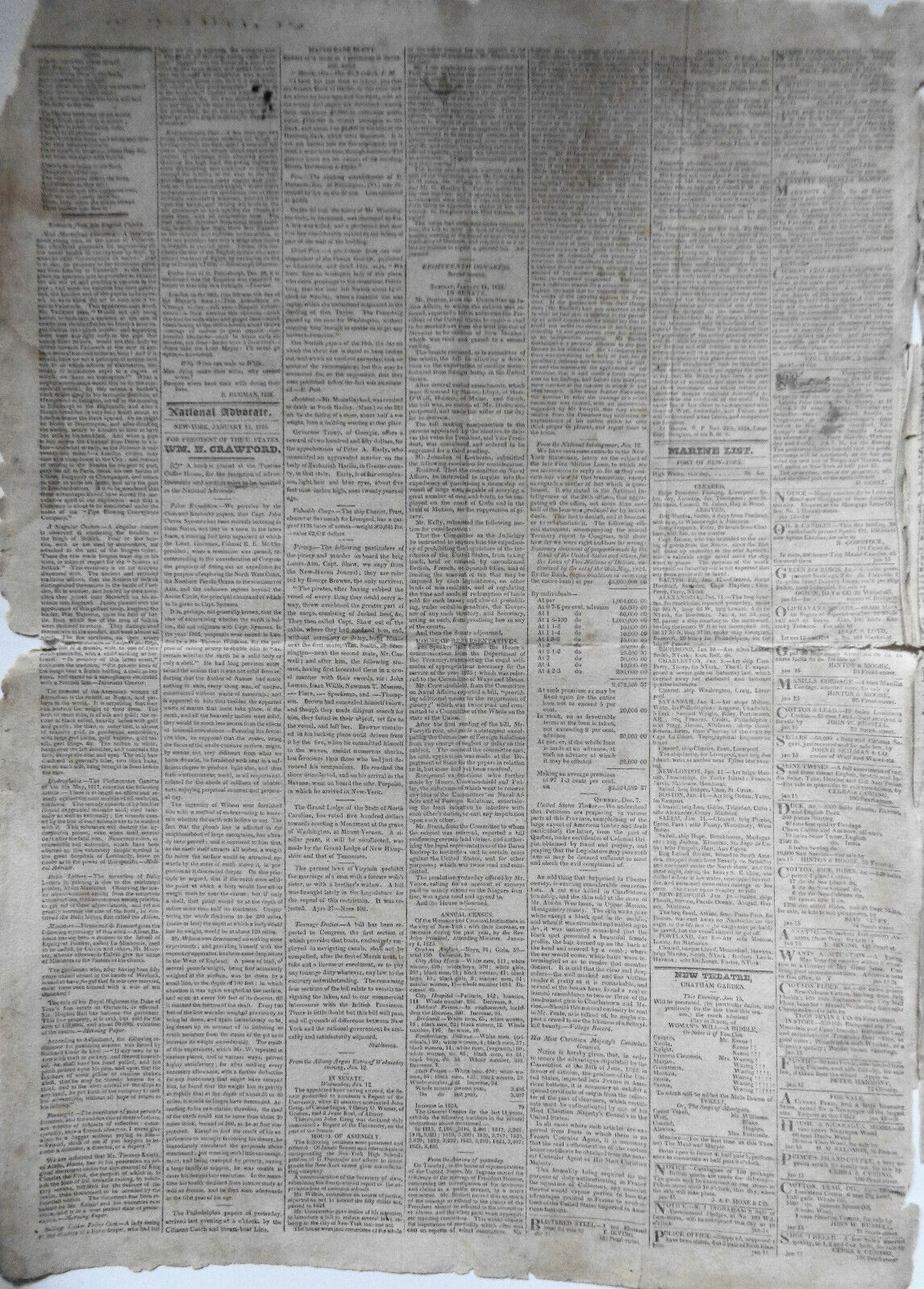 THE NATIONAL ADVOCATE, January 15, 1825 - NY Governor De Witt Clinton's copy