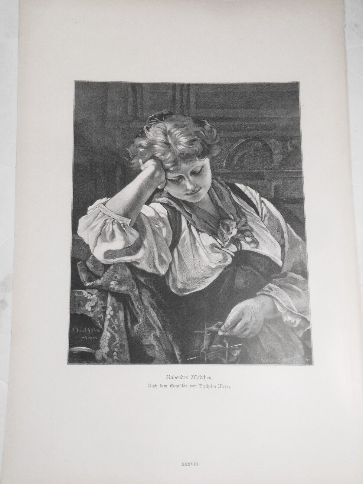 Ruhendes Madchen, von  Diethelm Meyer  --  1886  -  Original antique print