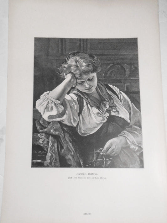 Ruhendes Madchen, von  Diethelm Meyer  --  1886  -  Original antique print