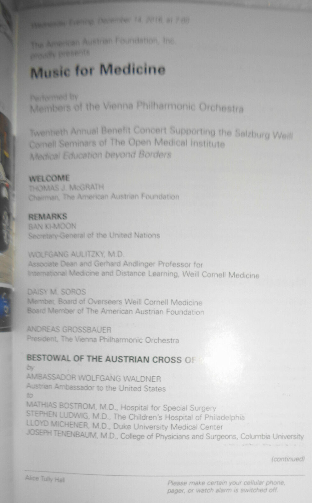 Vienna Philharmonic Orchestra - Music For Medicine, Playbill Lincoln Center 2016