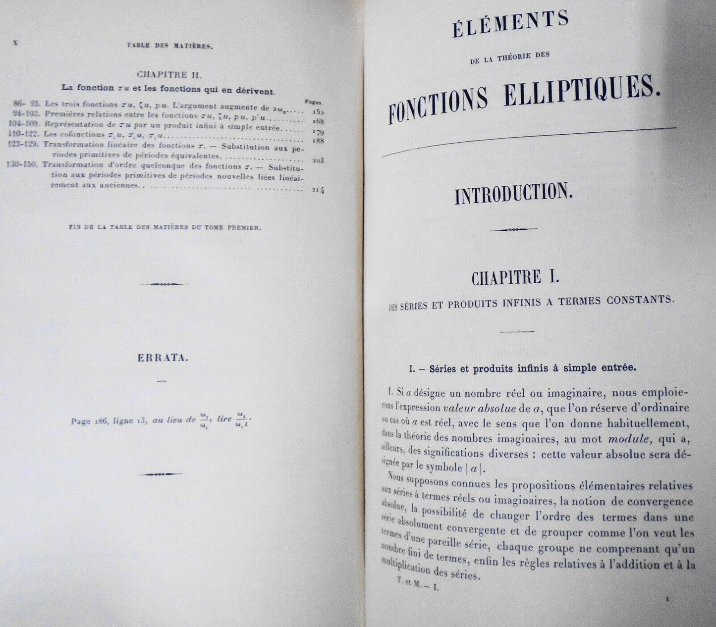 Tannery: Elements De La Theorie Des Fonctions Elliptiques Tome 1, 4 - 1893, 1902