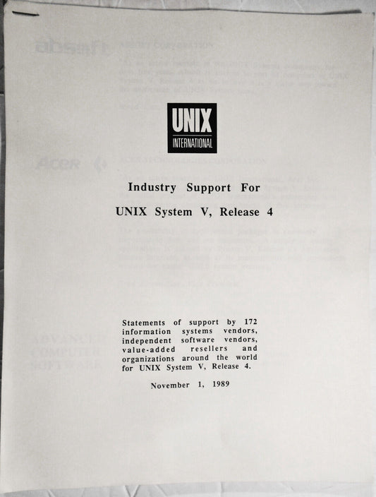 1989 Statements of support by 172 companies for UNIX System V, Release 4