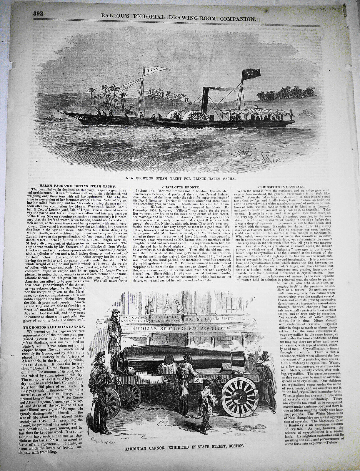 New Sporting Yacht for Egyptian Prince + Boston Cannon - Ballou's Pictorial 1857