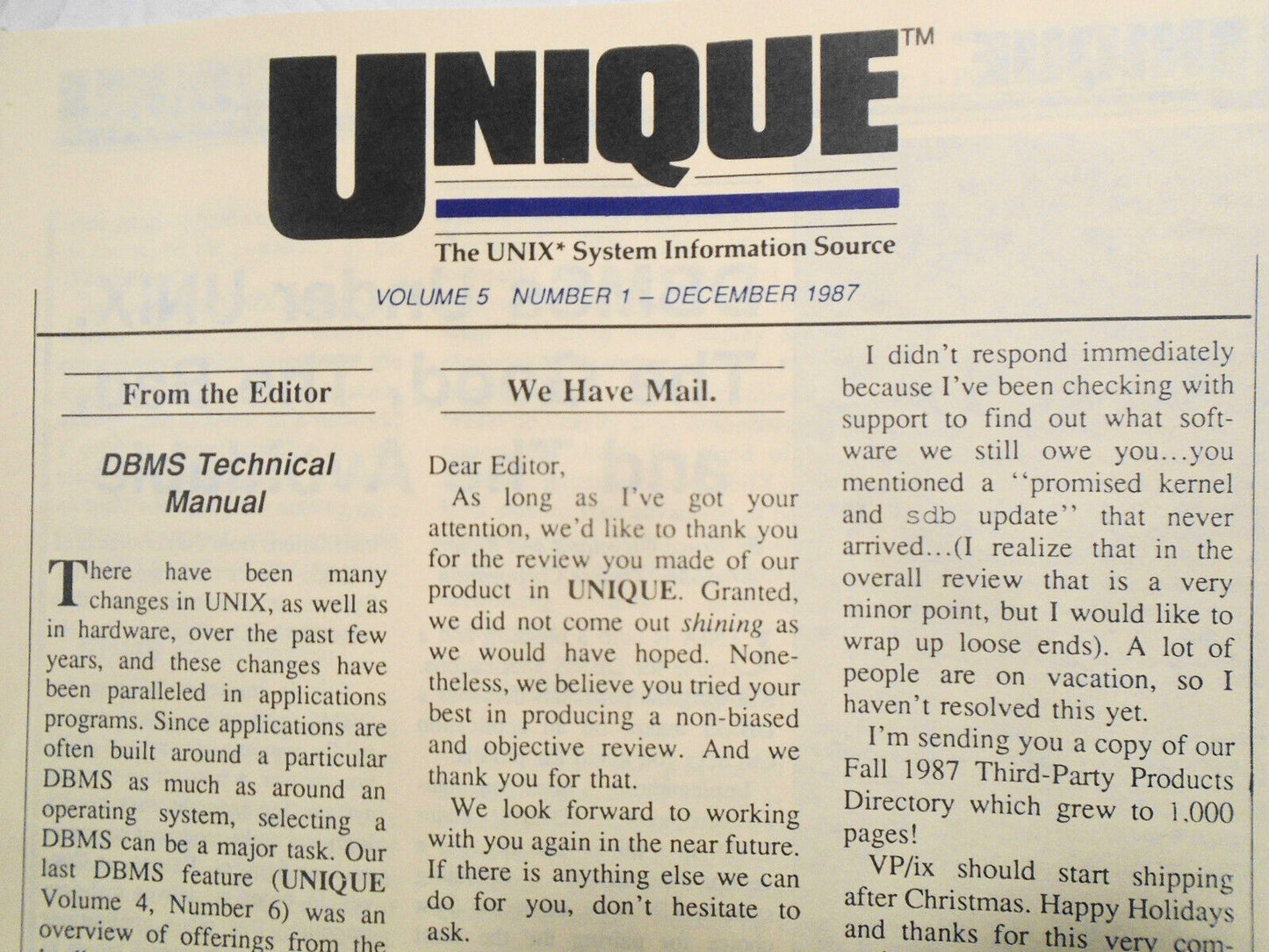 UNIQUE: The UNIX System Information Source  Dec. 1987 - DBMSs Under UNIX, etc.