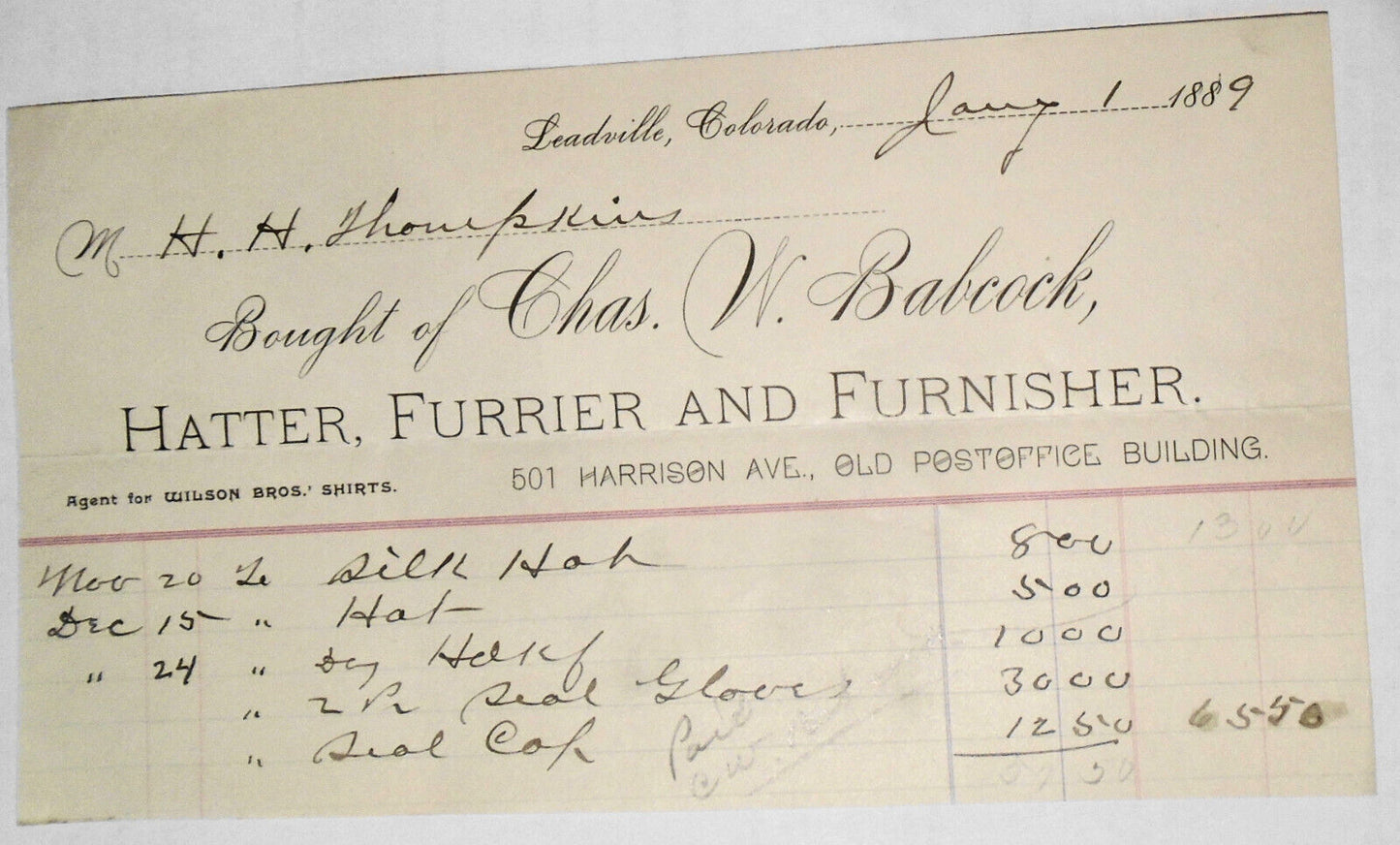 1889 Billhead receipt,  Chas. W. Babcock, Hatter, Furrier...  Leadville Colorado
