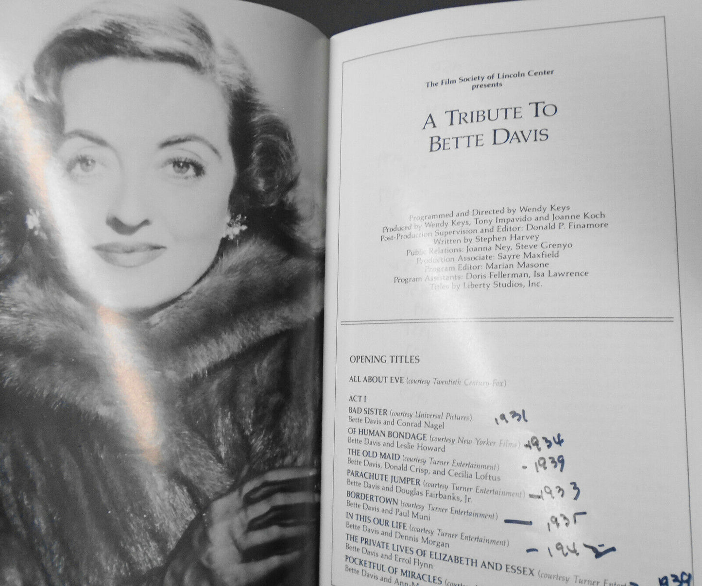 A Tribute To Bette Davis - Stagebill - April 1989 - Lincoln Center