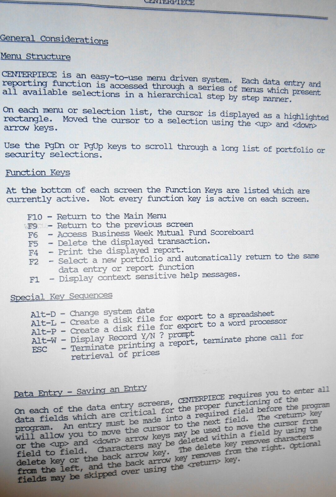 Centerpiece Portfolio Management Software - Trial Program - 1988, for IBM PCs