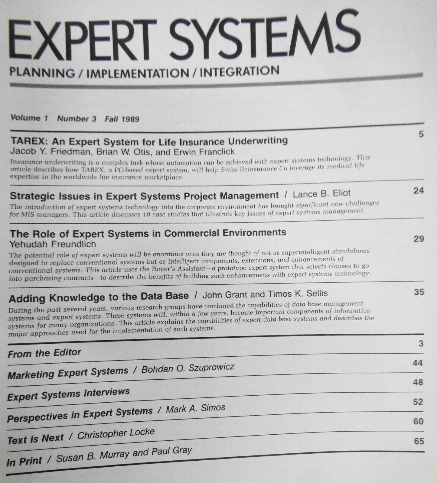 Expert Systems,  Fall 1989 - Journal of Planning / Implementation