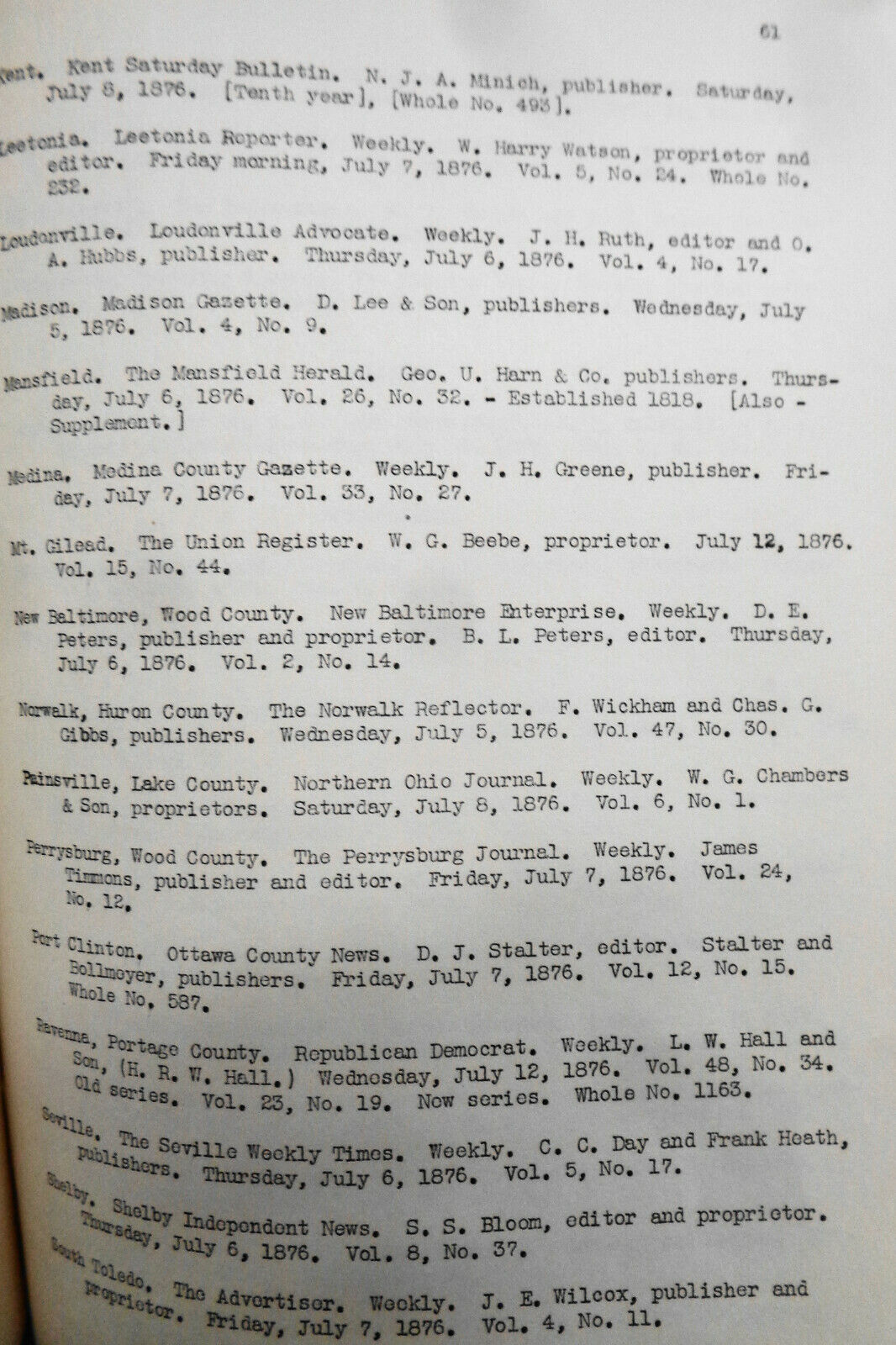 1939 WPA Check list of Kellogg collection of "Patent inside" newspapers of 1876