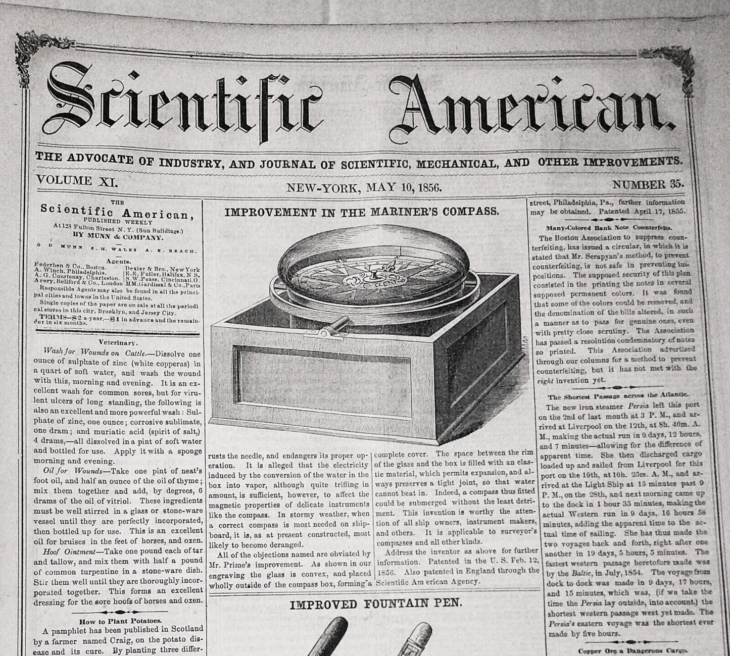 Scientific American, May 10, 1856. Improvements: Mariner's compass; fountain pen
