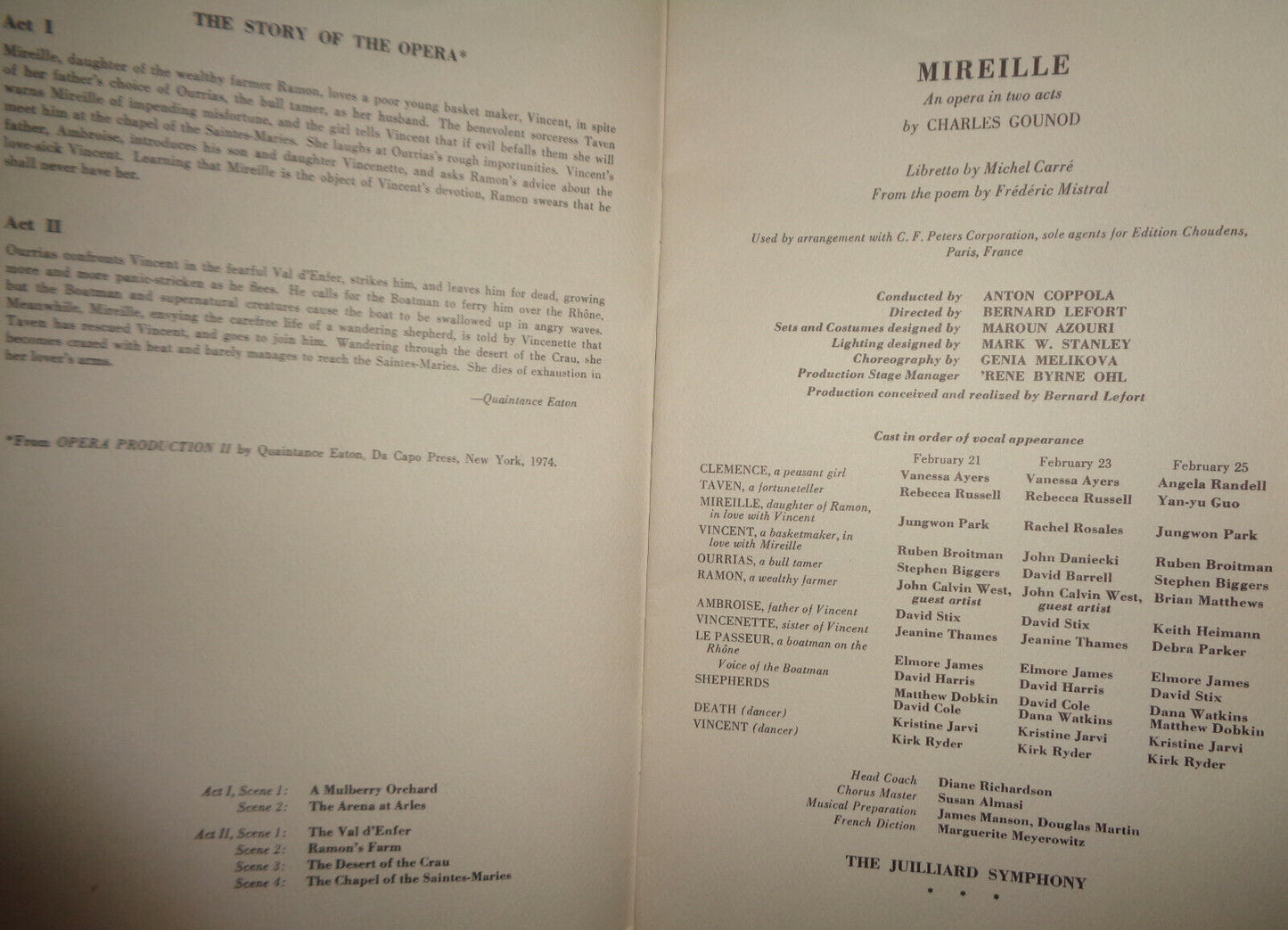 MIREILLE : AN OPERA IN TWO ACTS - 1986 Program - NEW YORK: THE JUILLIARD THEATER