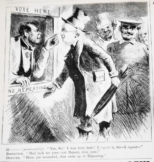 Vote Here. No Repeating. Harper's Weekly, November 19, 1870. [Election fraud]