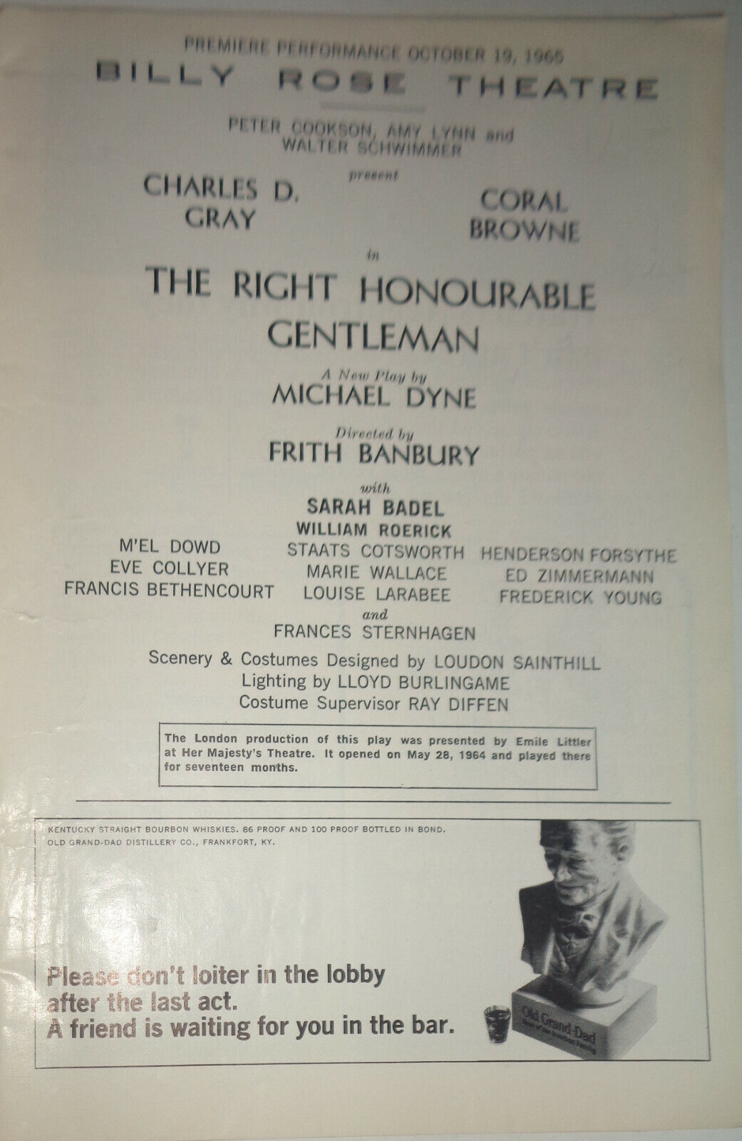 THE RIGHT HONOURABLE GENTLEMAN - PLAYBILL - 1965 SIGNED BY ALFRED VANDERBILT