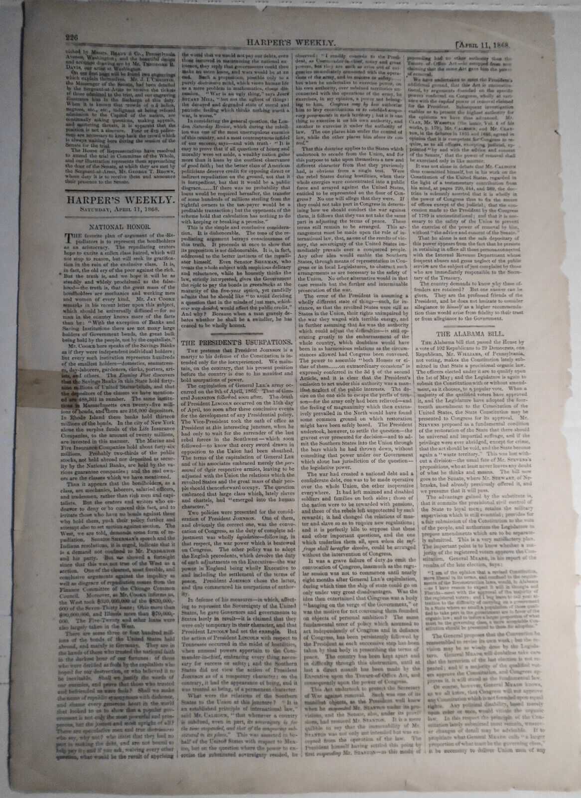 "The Impeachment Trial" -- Harper's Weekly - April 11, 1868. Story & 2 Prints