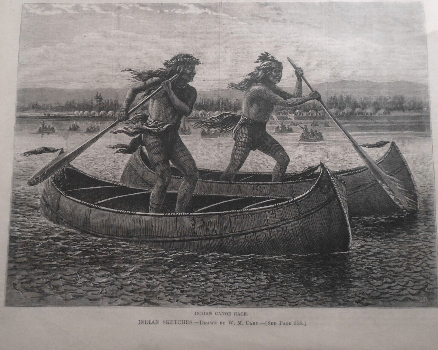 1874  Indian Canoe Race & Indians Offering Gifts to the Dead - 2 original prints