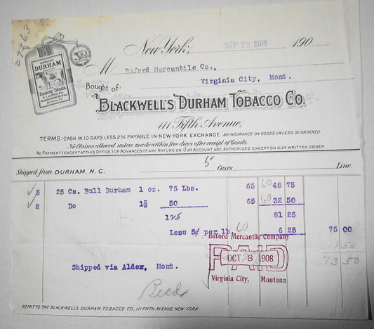 1908 Blackwell's Durham Tobacco Co., Fifth Avenue, New York billhead