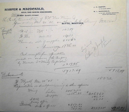 1910 Harper & MacDonald Civil and Mining Engineers, Butte MT Financial statement