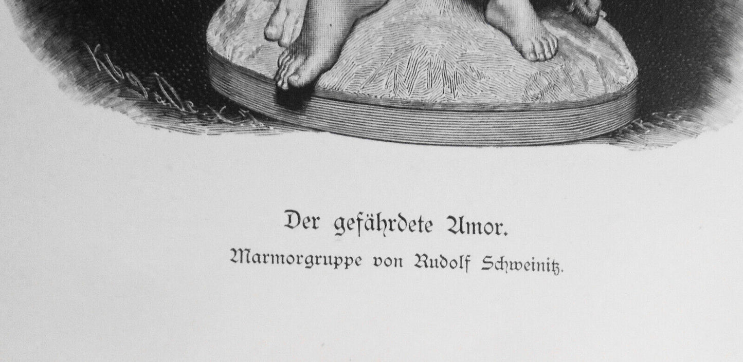 Der gefährdete Amor,  von Rudolf Schweinitz -- 1884 - Original antique print