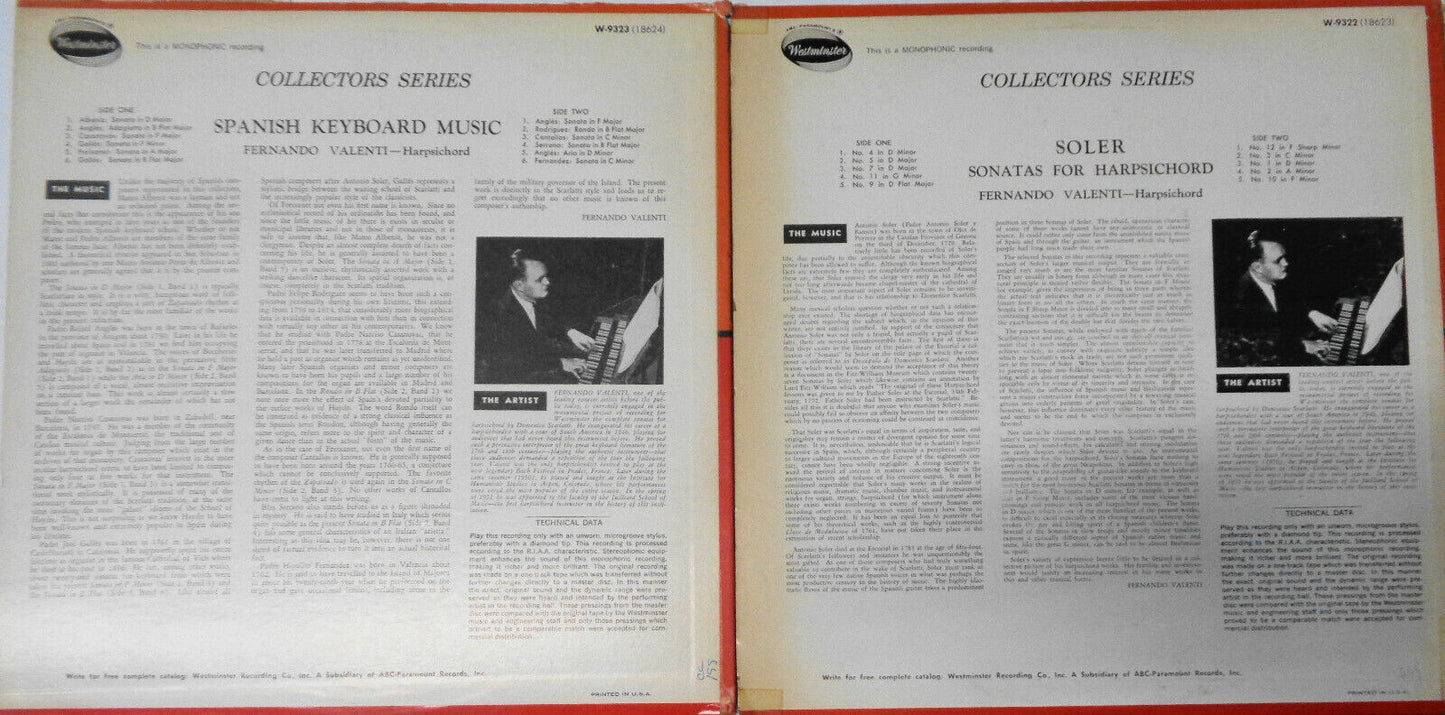 2 Fernando Valenti LPs - Soler Sonatas & Spanish Keyboard Music - Westminster