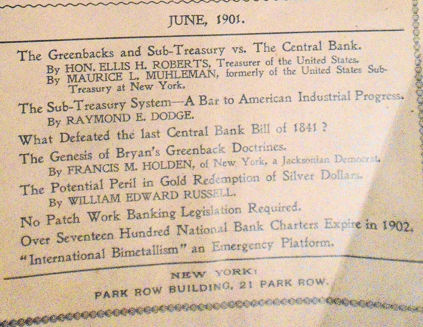 Money Magazine, June 1901. Greenbacks and Sub-Treasury vs. the Central Bank, etc