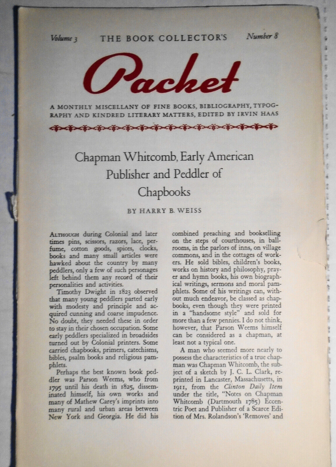 Book Collector's Packet, April 1939 - Chapman Whitcomb... peddler of Chapbooks