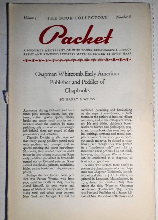 Book Collector's Packet, April 1939 - Chapman Whitcomb... peddler of Chapbooks
