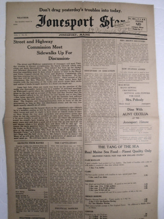 Jonesport Star, May 29, 1930 - Sidewalks discussed; Discovery in Edication, etc
