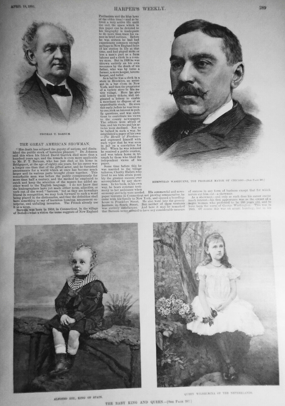 Harper's Weekly April 18, 1891 - P T Barnum death; Australia Life; Baby King etc