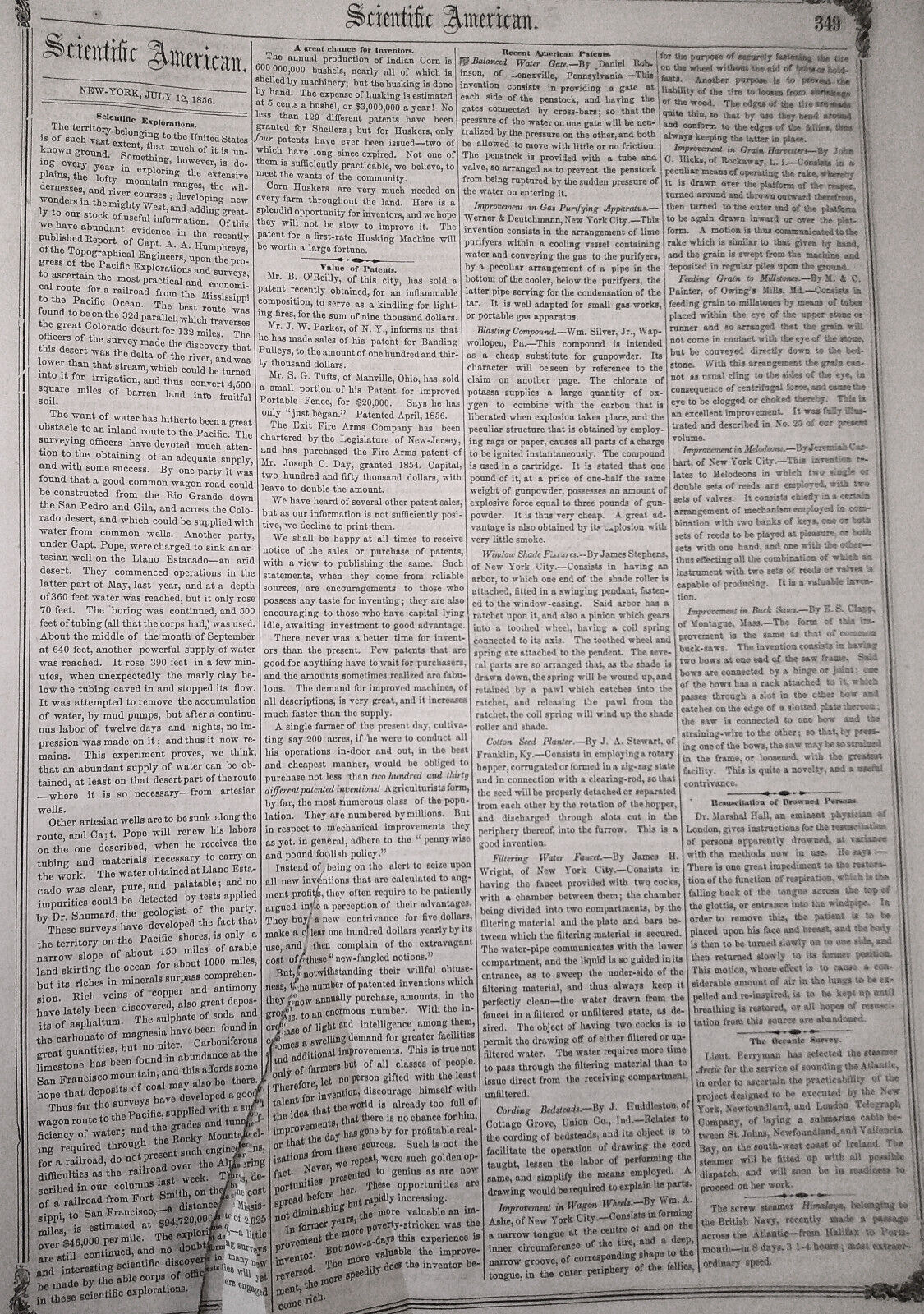 Scientific American, July 12, 1856. Corn planter; oscillating engines; gold etc