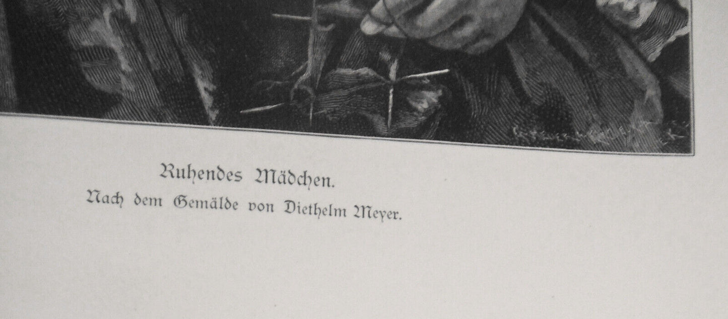 Ruhendes Madchen, von  Diethelm Meyer  --  1886  -  Original antique print