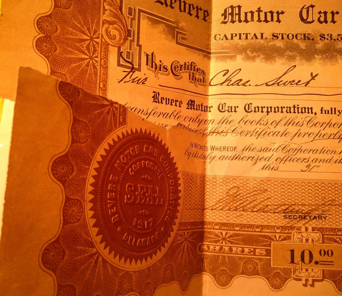 1920 Revere Motor Car Corporation Stock Certificate for 5 shares