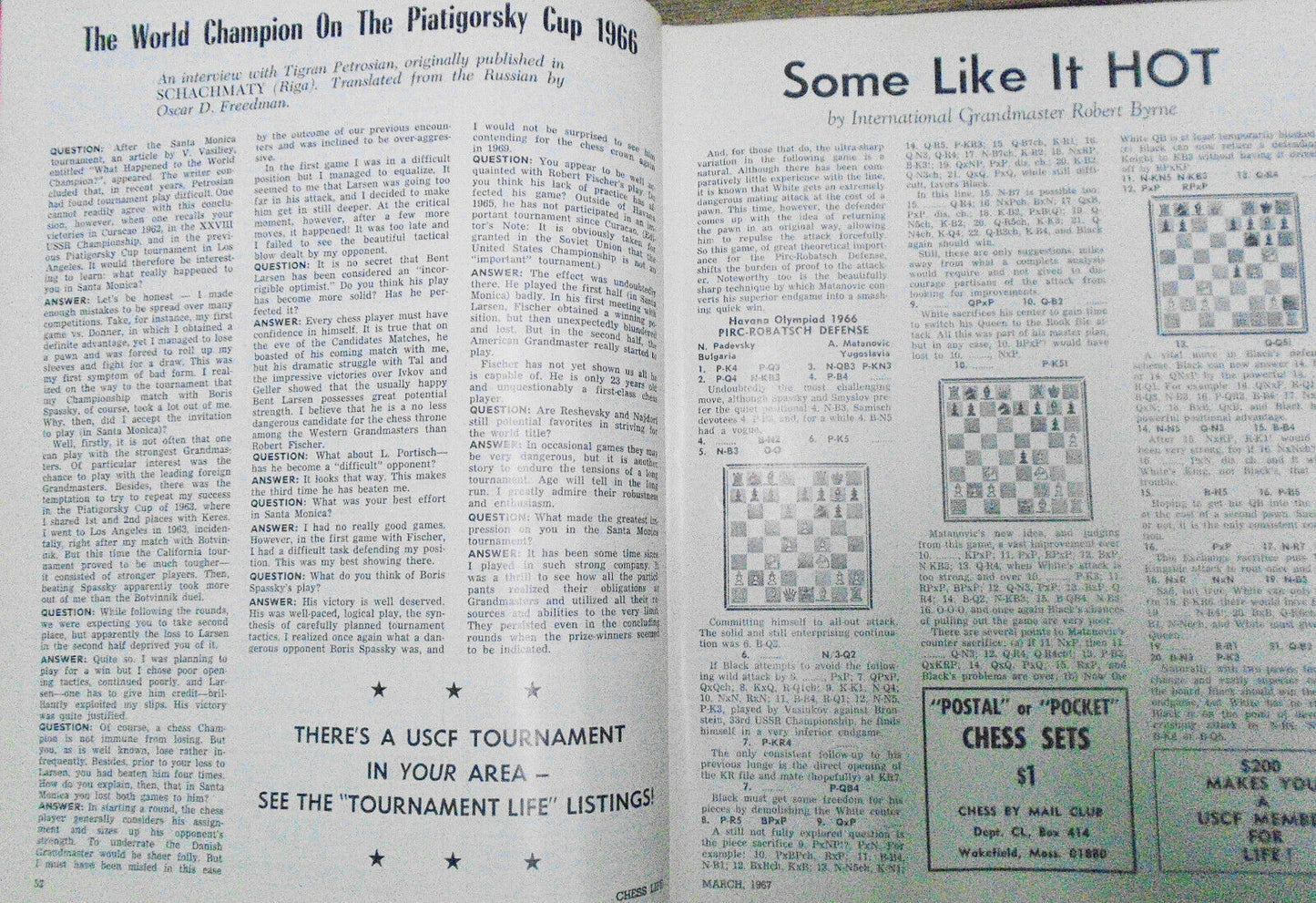 Chess Life, March 1967 - Petrosian on Piatigorsky Cup, Bobby Fischer, etc..