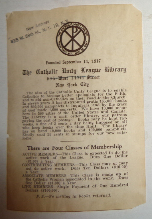 Catholic Unity League Library, New York - Ex Libris Bookplate