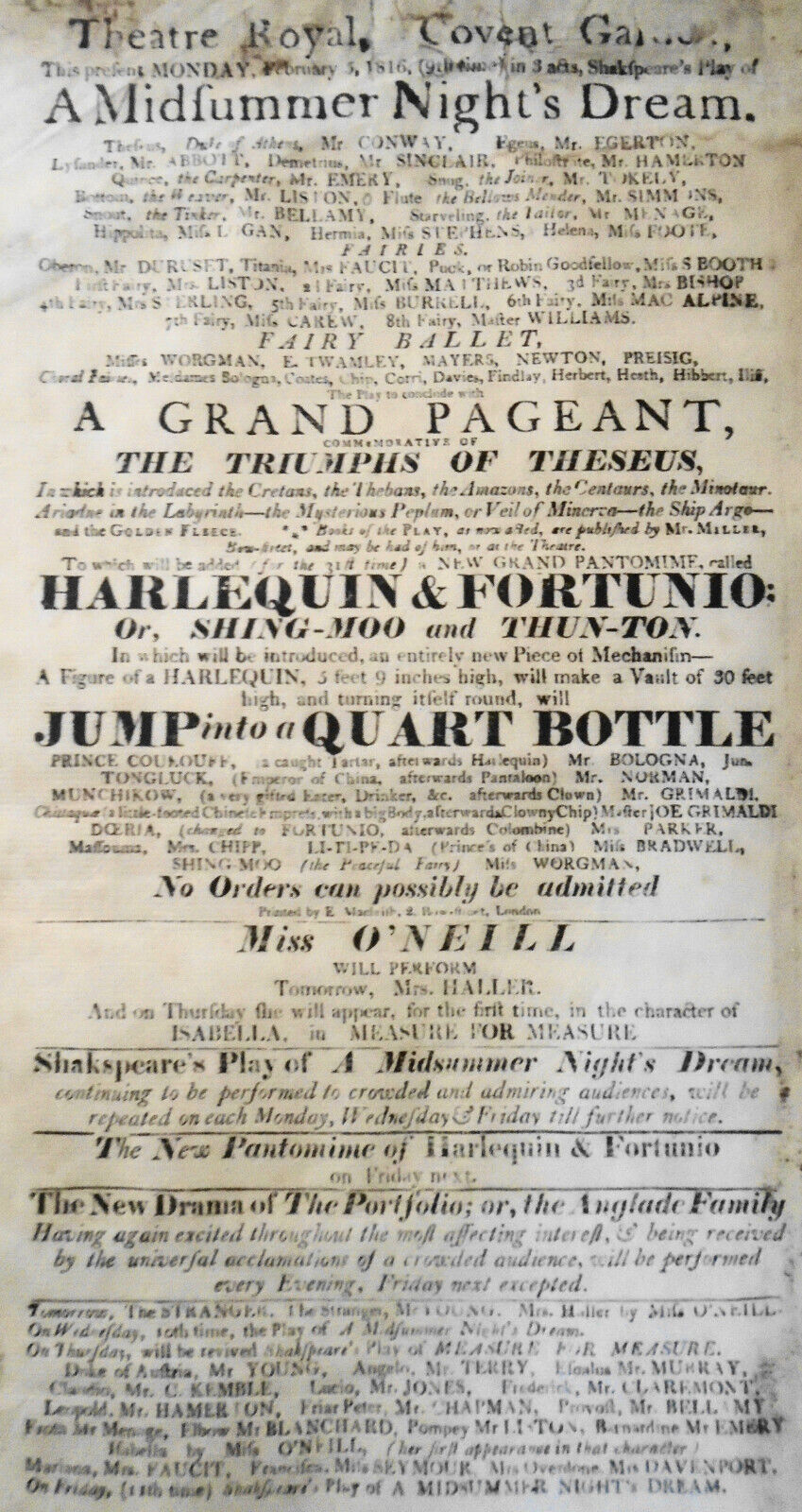 1816 A Midsummer Night's Dream -Shakespeare Playbill Theatre Royal Covent Garden